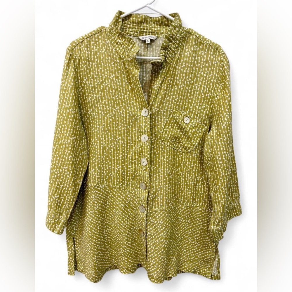 Women's John Mark Linen Pattern‎ Ruffle Button Down Blouse Large Casual
